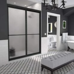 Newport 44 In. To 45-5/8 In. X 70 In. Framed Sliding Shower Door With Towel Bar In Matte Black And Aquatex Glass