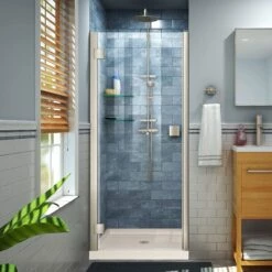 DreamLine Lumen 32 Inch D X 42 Inch W By 74-3/4 Inch H Hinged Shower Door With Center Drain Shower Base