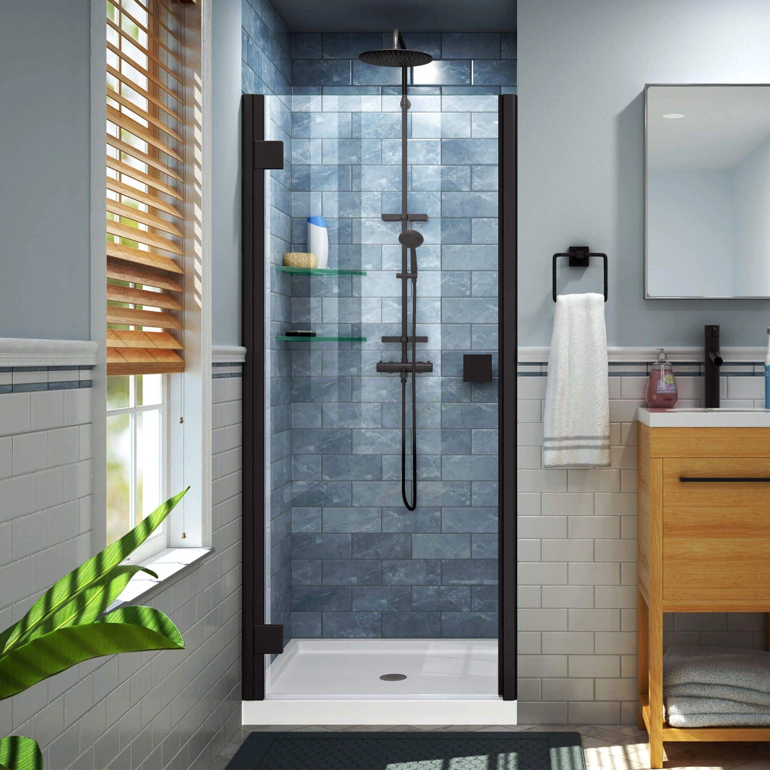 DreamLine Lumen 32 Inch D X 42 Inch W By 74-3/4 Inch H Hinged Shower Door With Center Drain Shower Base - Image 6