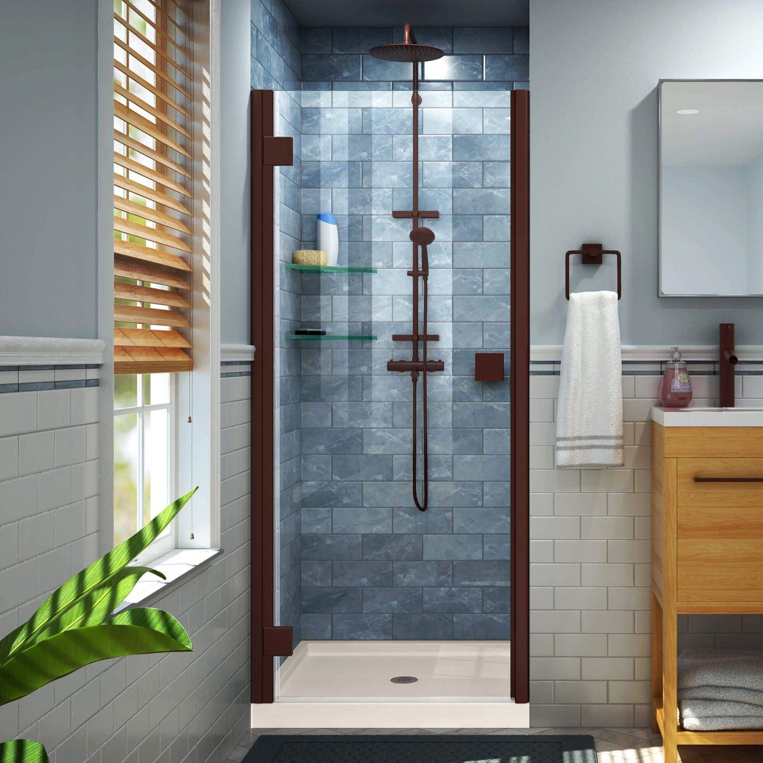 DreamLine Lumen 36 Inch D X 36 Inch W By 74-3/4 Inch H Hinged Shower Door With Center Drain Shower Base - Image 8