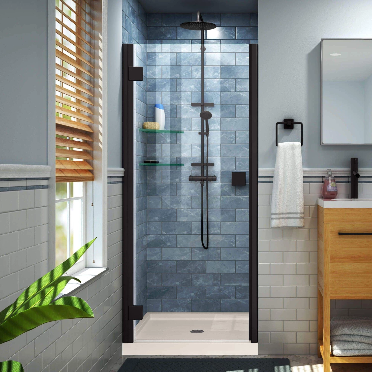 DreamLine Lumen 42 Inch D X 42 Inch W By 74-3/4 Inch H Hinged Shower Door With Center Drain Shower Base - Image 10
