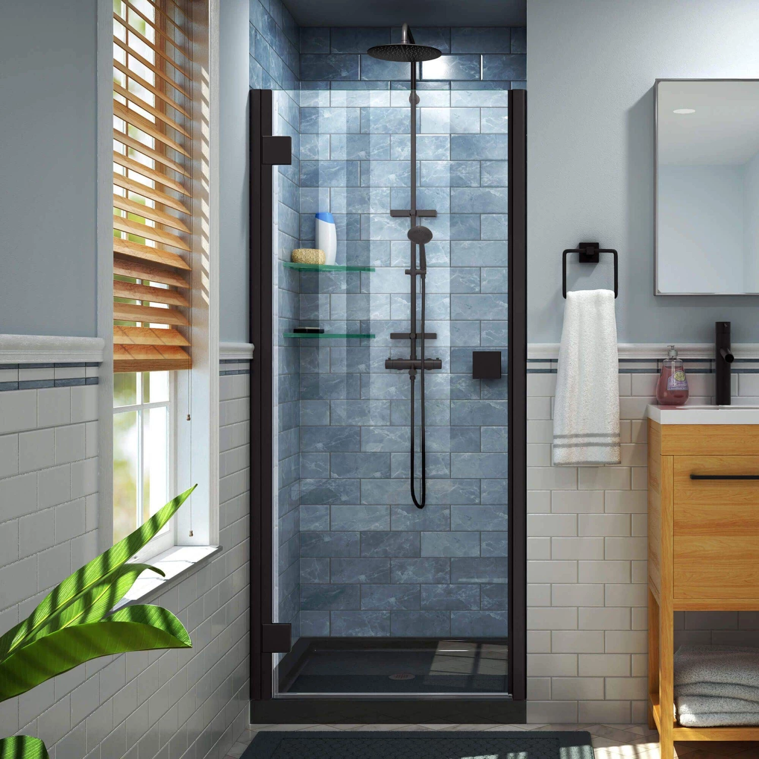 DreamLine Lumen 36 Inch D X 36 Inch W By 74-3/4 Inch H Hinged Shower Door With Center Drain Shower Base - Image 13