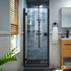 DreamLine Lumen 42 Inch D X 42 Inch W By 74-3/4 Inch H Hinged Shower Door With Center Drain Shower Base