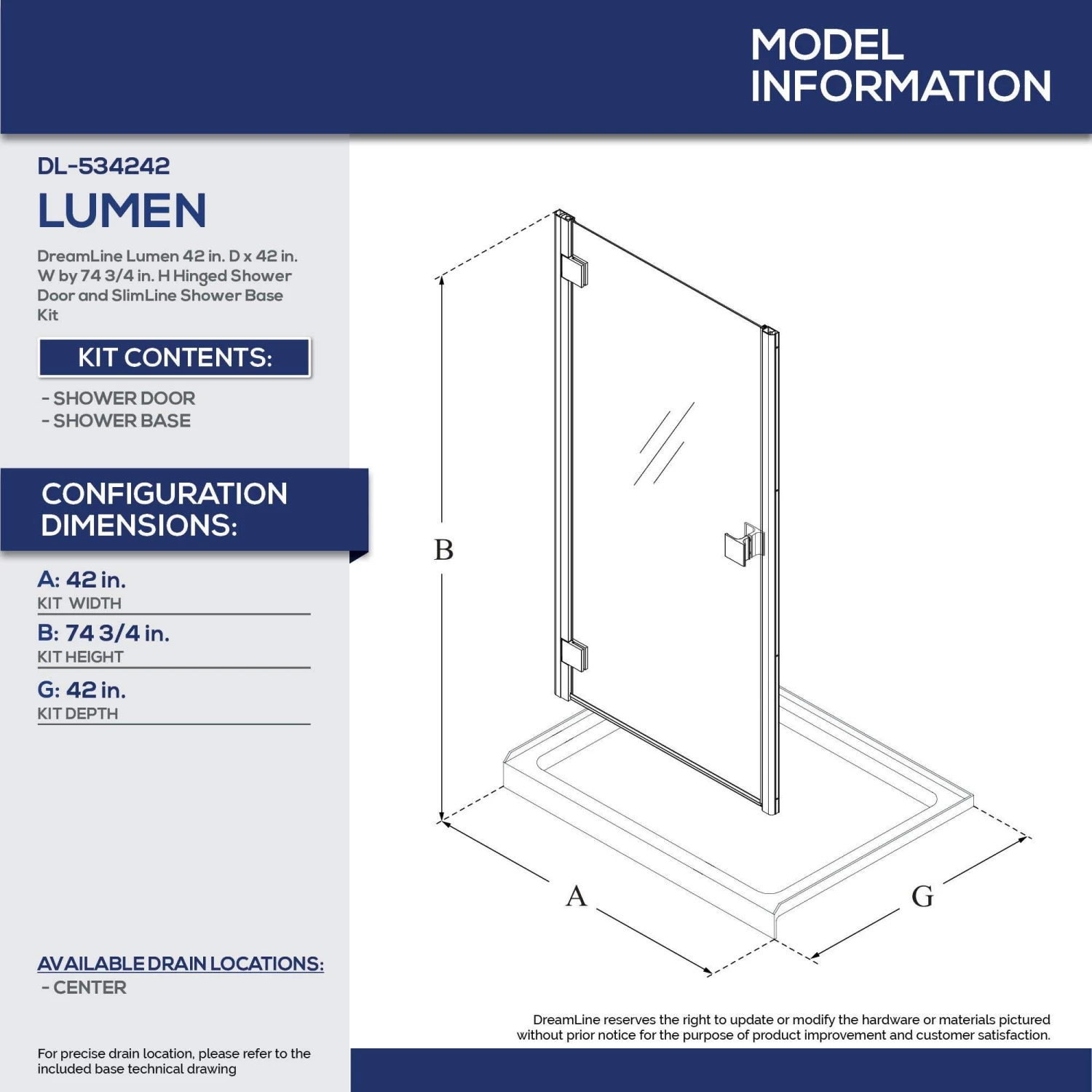 DreamLine Lumen 42 Inch D X 42 Inch W By 74-3/4 Inch H Hinged Shower Door With Center Drain Shower Base - Image 18
