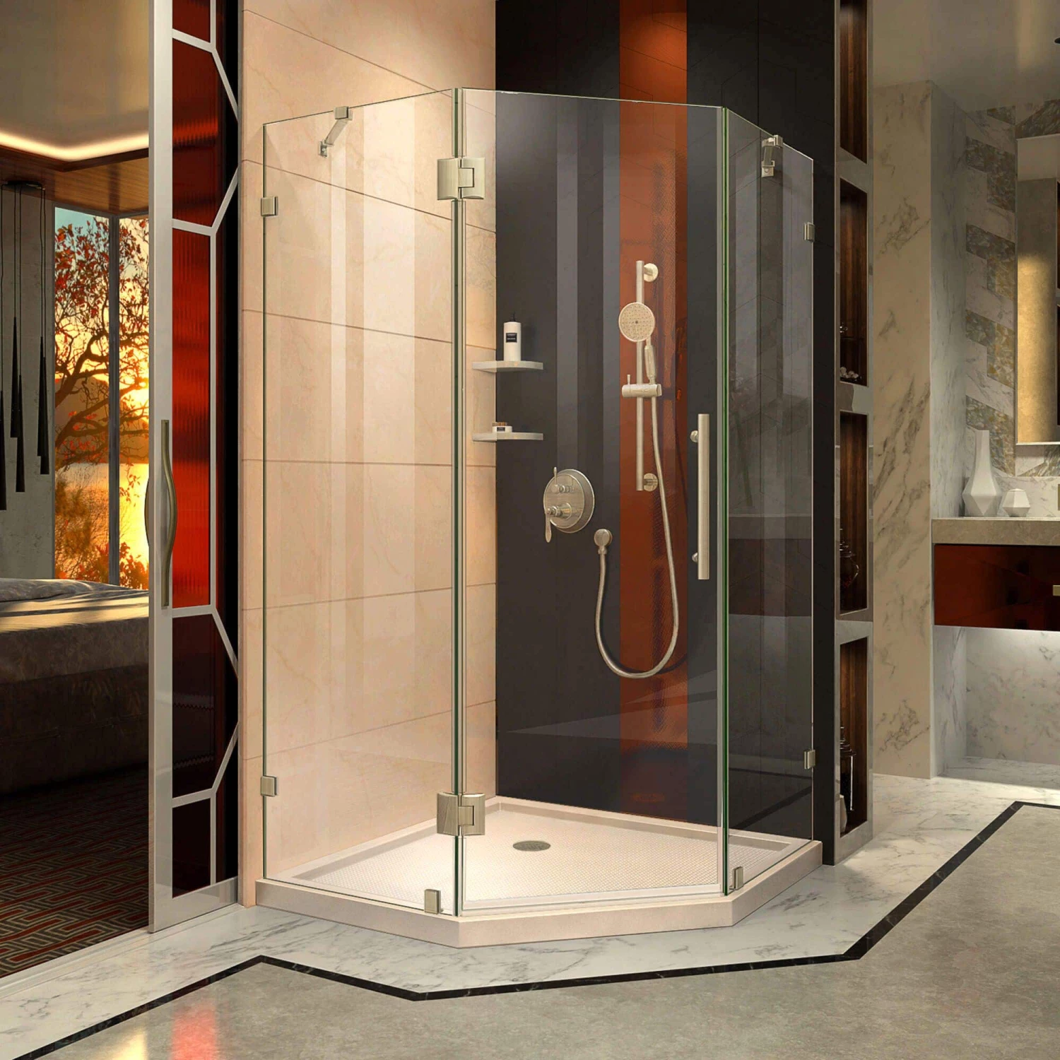 DreamLine Prism Lux 40 Inch X 74-3/4 Inch Fully Frameless Neo-Angle Shower Enclosure With Corner Drain Shower Base - Image 8