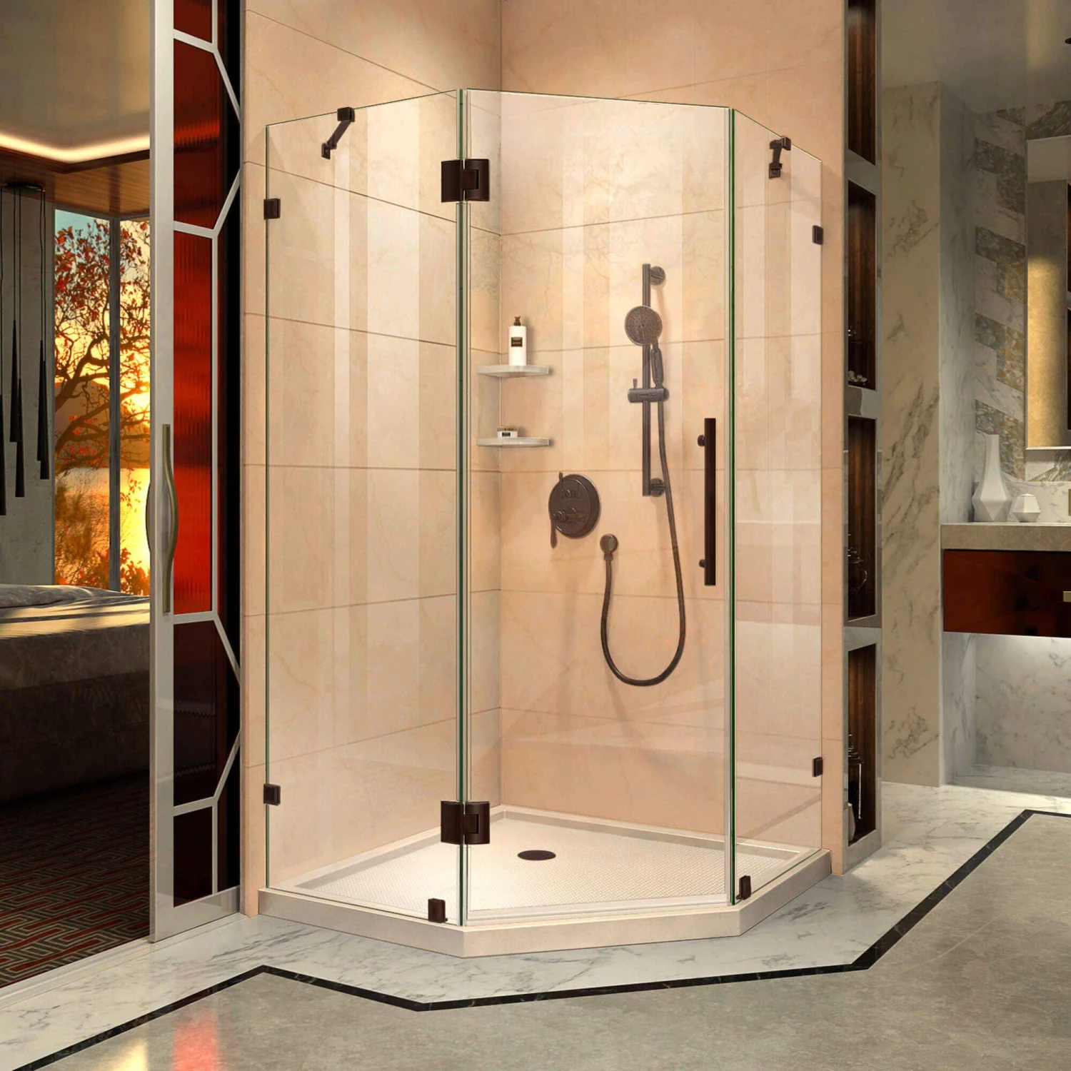 DreamLine Prism Lux 40 Inch X 74-3/4 Inch Fully Frameless Neo-Angle Shower Enclosure With Corner Drain Shower Base - Image 9