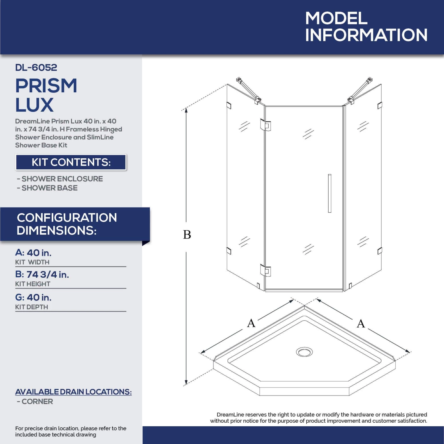DreamLine Prism Lux 40 Inch X 74-3/4 Inch Fully Frameless Neo-Angle Shower Enclosure With Corner Drain Shower Base - Image 19