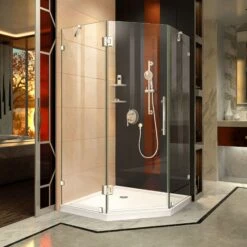 DreamLine Prism Lux 42 Inch X 74-3/4 Inch Fully Frameless Neo-Angle Shower Enclosure With Corner Drain Shower Base
