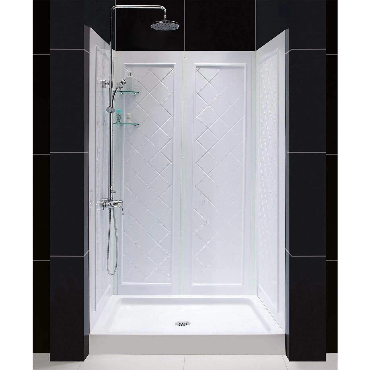 DreamLine 32 Inch D X 48 Inch W X 76-3/4 Inch H Center Drain Acrylic Shower Base And QWALL 5 Backwall Kit In White