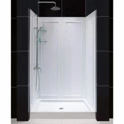 DreamLine 34 Inch D X 48 Inch W X 76-3/4 Inch H Center Drain Acrylic Shower Base And QWALL 5 Backwall Kit In White
