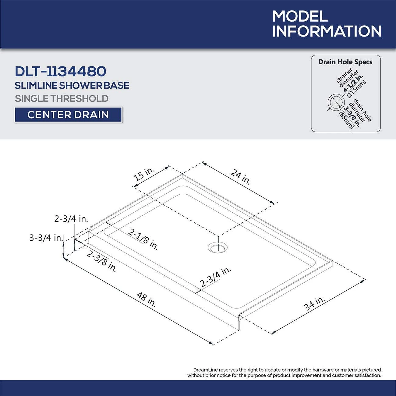 DreamLine 34 Inch D X 48 Inch W X 76-3/4 Inch H Center Drain Acrylic Shower Base And QWALL 5 Backwall Kit In White - Image 5