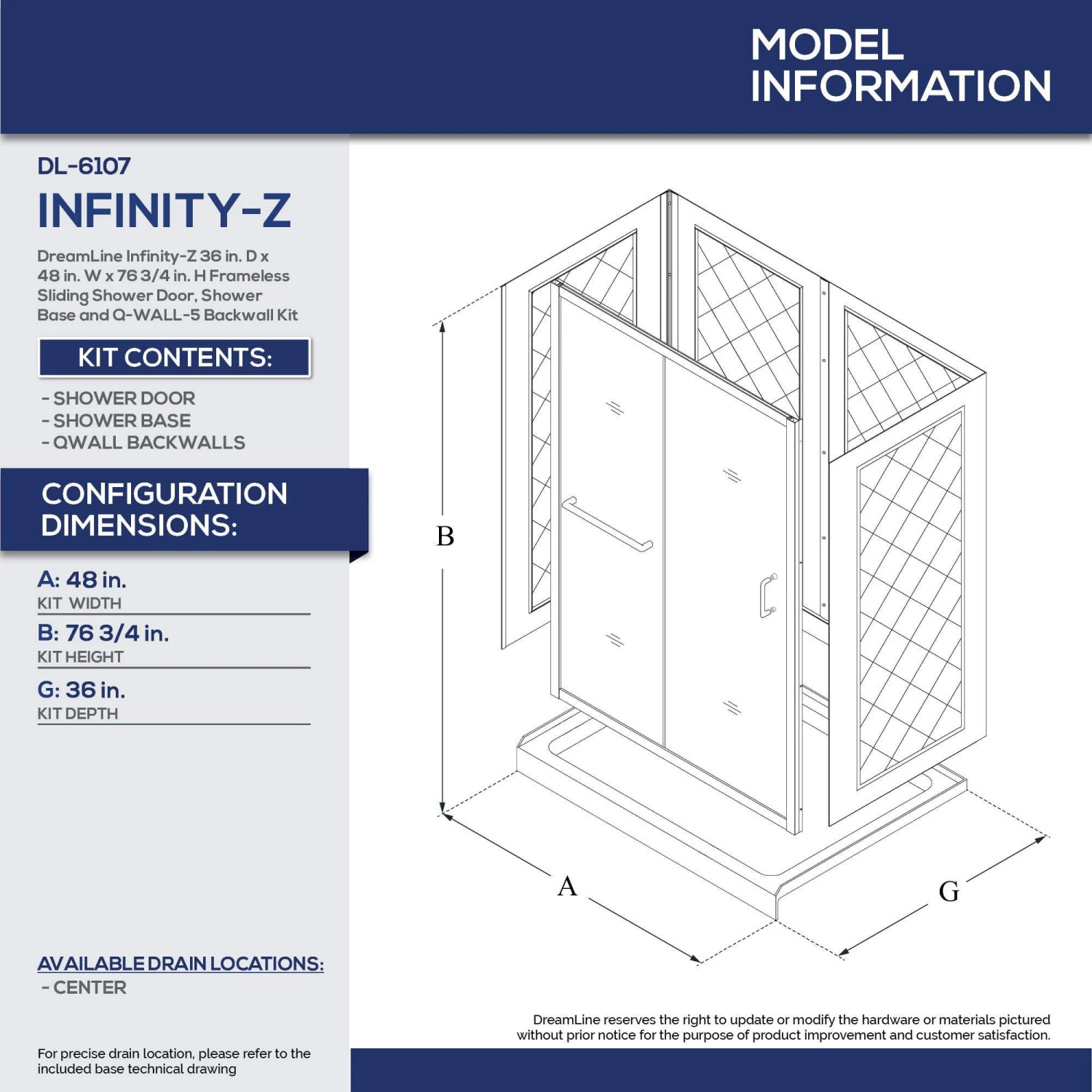 DreamLine Infinity-Z 36 Inch D X 48 Inch W X 76-3/4 Inch H Frosted Sliding Shower Door With Center Drain Shower Base And Back Wall - Image 16