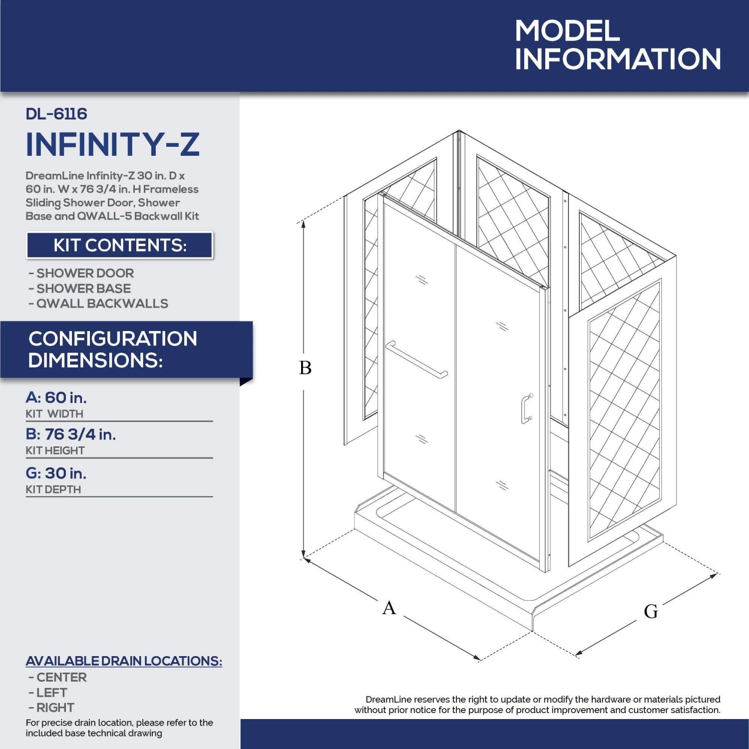 DreamLine Infinity-Z 30 Inch D X 60 Inch W X 76-3/4 Inch H Clear Sliding Shower Door With Center Drain Shower Base And Back Wall - Image 17