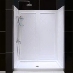 DreamLine 32 Inch D X 60 Inch W X 76-3/4 Inch H Right Drain Acrylic Shower Base And QWALL 5 Backwall Kit