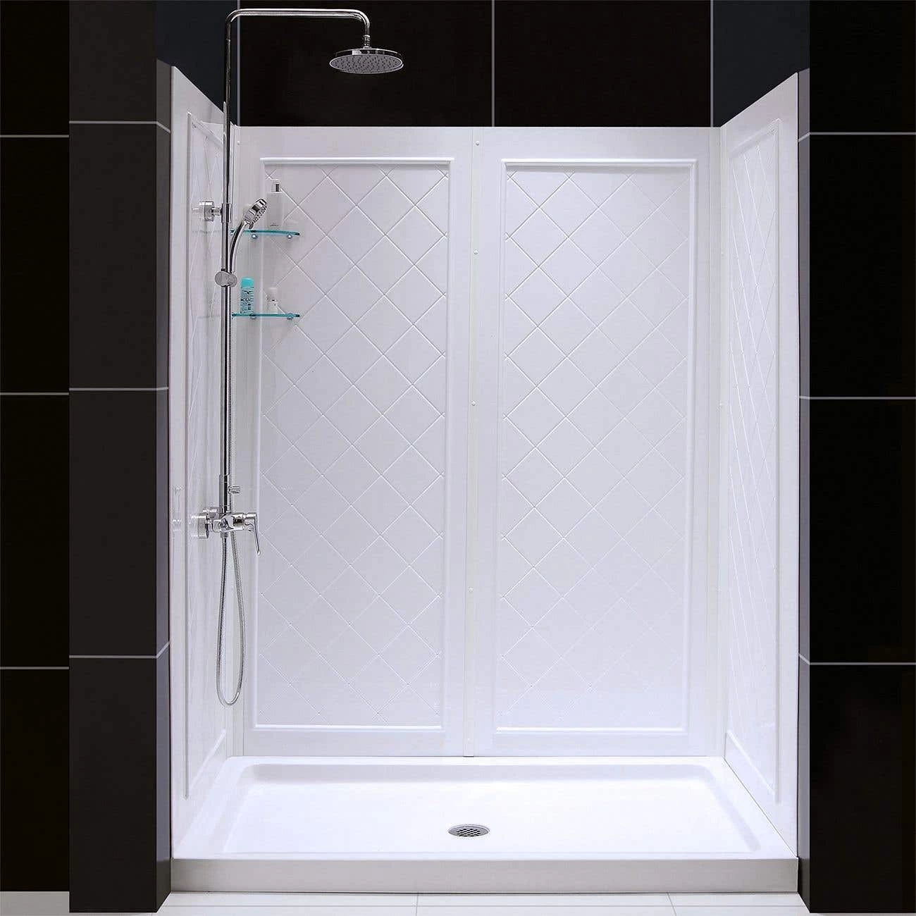 DreamLine 34 Inch D X 60 Inch W X 76-3/4 Inch H Center Drain Acrylic Shower Base And QWALL 5 Backwall Kit