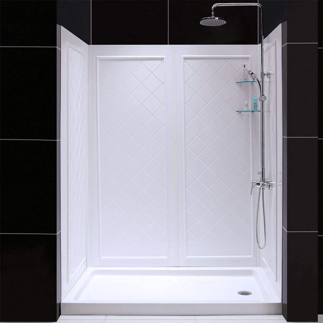 DreamLine 34 Inch D X 60 Inch W X 76-3/4 Inch H Center Drain Acrylic Shower Base And QWALL 5 Backwall Kit - Image 2