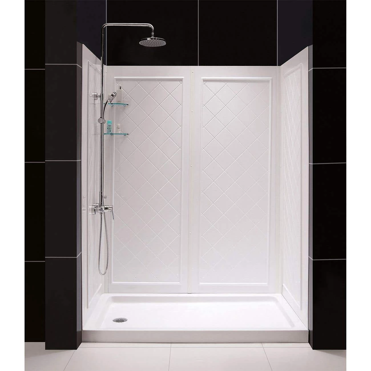 DreamLine 36 Inch D X 60 Inch W X 76-3/4 Inch H Center Drain Acrylic Shower Base And QWALL 5 Backwall Kit - Image 2