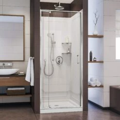 DreamLine Flex 36 Inch D X 36 Inch W X 76-3/4 Inch H Semi-Frameless Shower Door With Center Drain Shower Base And Back Wall