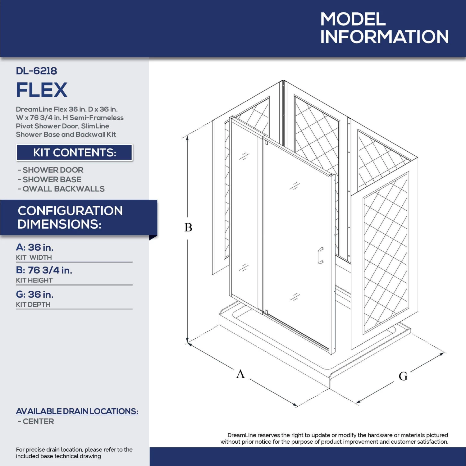 DreamLine Flex 36 Inch D X 36 Inch W X 76-3/4 Inch H Semi-Frameless Shower Door With Center Drain Shower Base And Back Wall - Image 14