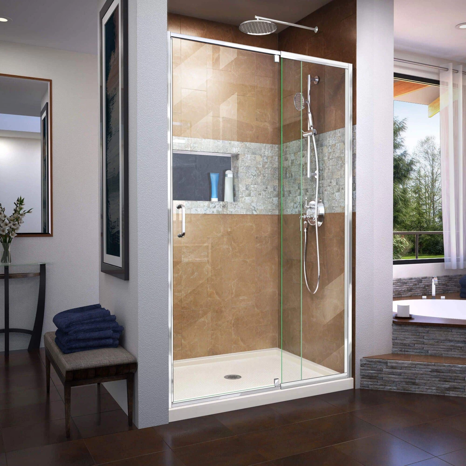 DreamLine Flex 34 Inch D X 42 Inch W X 74-3/4 Inch H Semi-Frameless Pivot Shower Door With Center Drain Shower Base - Image 5