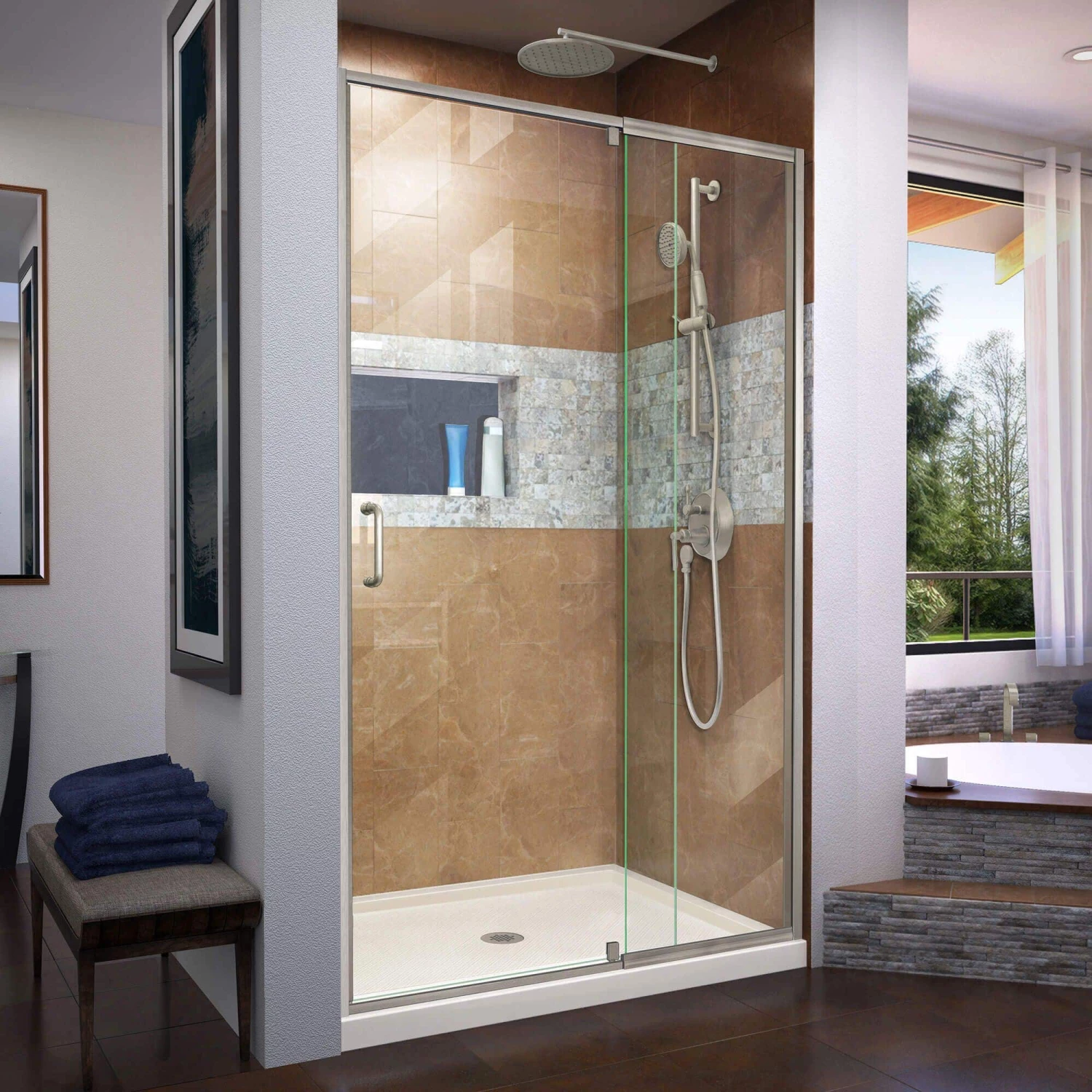 DreamLine Flex 34 Inch D X 42 Inch W X 74-3/4 Inch H Semi-Frameless Pivot Shower Door With Center Drain Shower Base - Image 6
