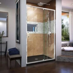 DreamLine Flex 32 Inch D X 42 Inch W X 74-3/4 Inch H Semi-Frameless Pivot Shower Door With Center Drain Shower Base