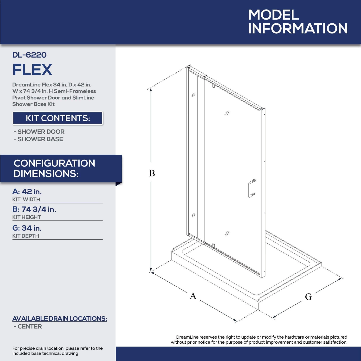 DreamLine Flex 34 Inch D X 42 Inch W X 74-3/4 Inch H Semi-Frameless Pivot Shower Door With Center Drain Shower Base - Image 16