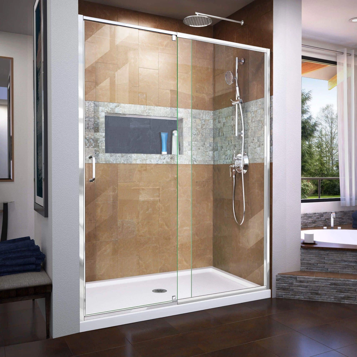 DreamLine Flex 36 Inch D X 60 Inch W X 74-3/4 Inch H Semi-Frameless Pivot Shower Door With Center Drain Shower Base - Image 4