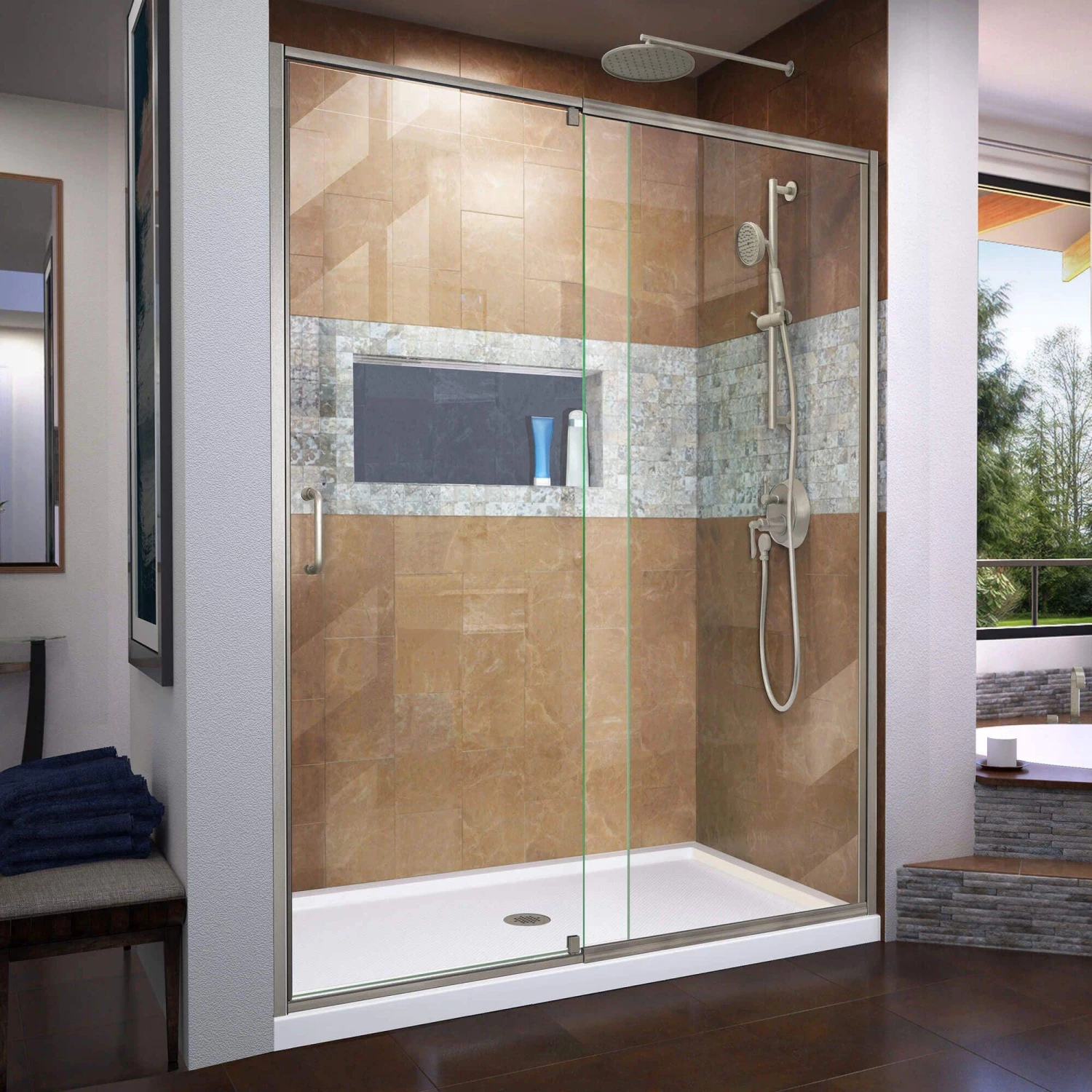 DreamLine Flex 36 Inch D X 60 Inch W X 74-3/4 Inch H Semi-Frameless Pivot Shower Door With Center Drain Shower Base - Image 5