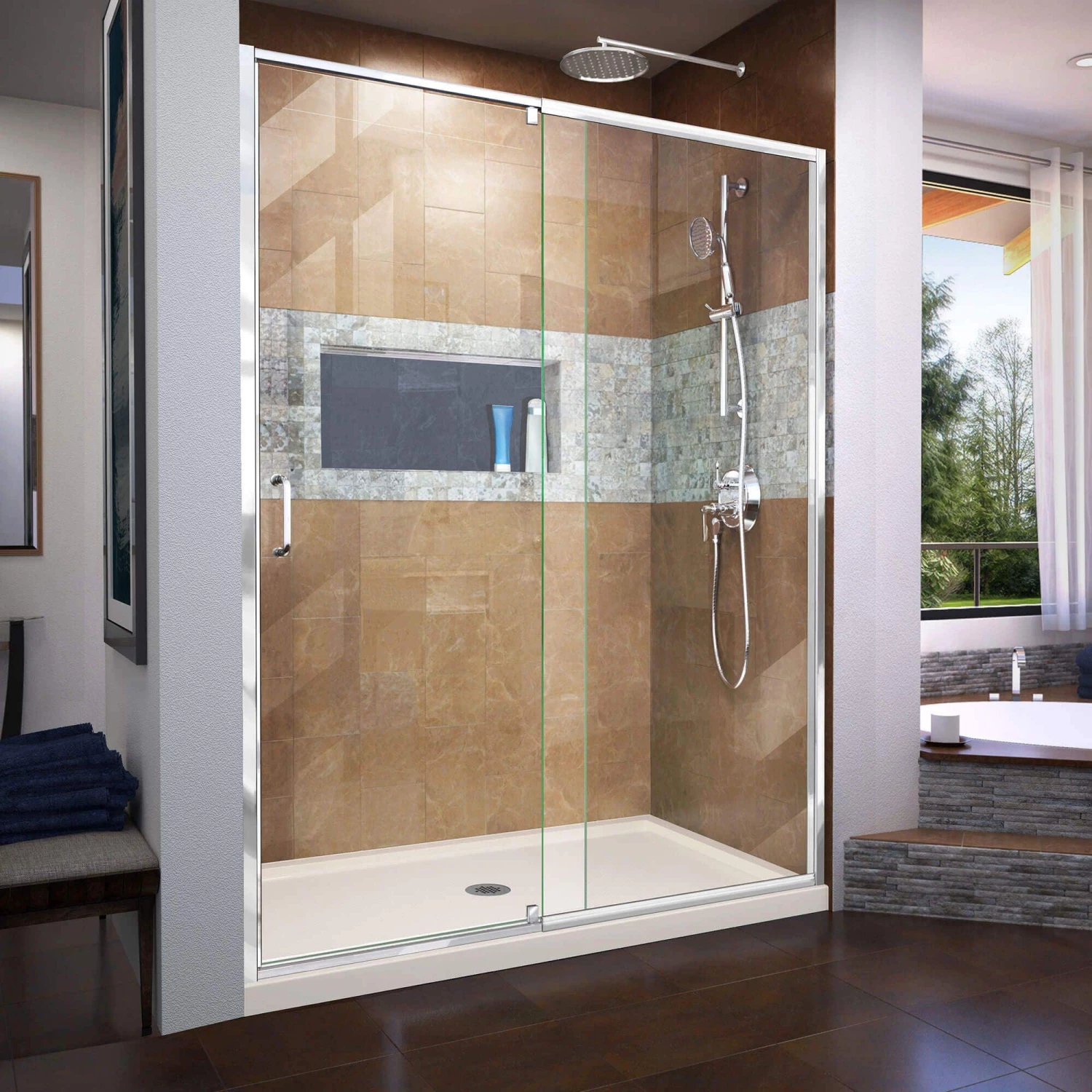 DreamLine Flex 36 Inch D X 60 Inch W X 74-3/4 Inch H Semi-Frameless Pivot Shower Door With Center Drain Shower Base - Image 6