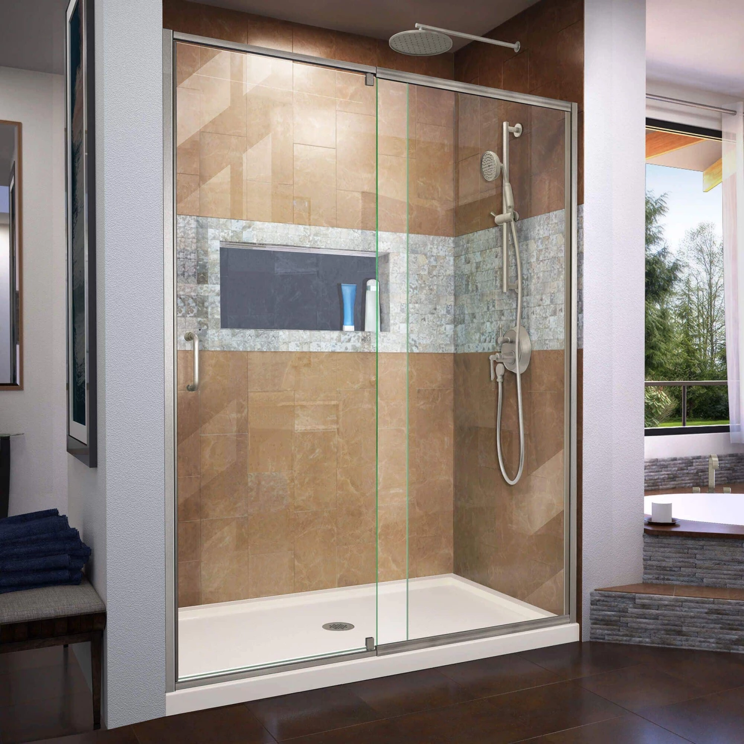 DreamLine Flex 36 Inch D X 60 Inch W X 74-3/4 Inch H Semi-Frameless Pivot Shower Door With Center Drain Shower Base - Image 7