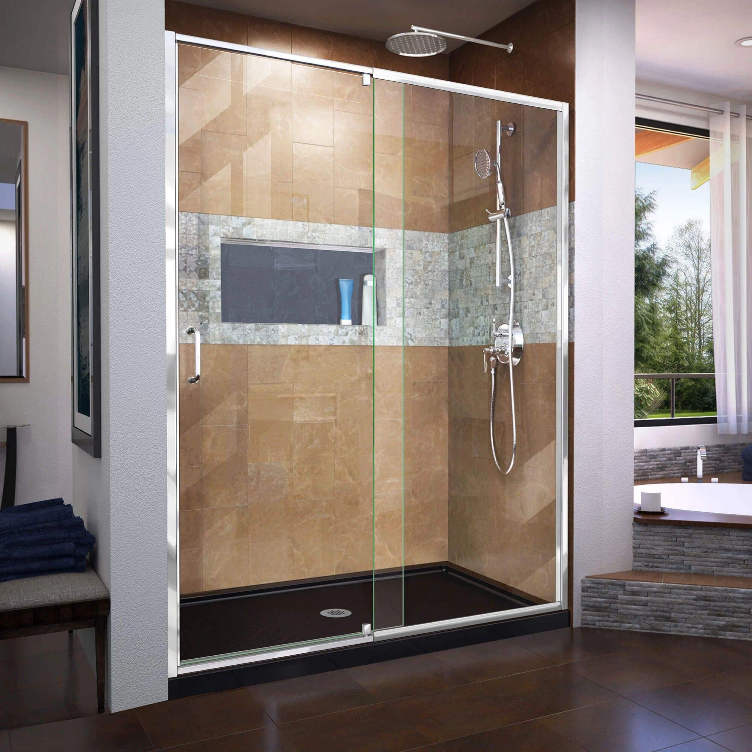 DreamLine Flex 30 Inch D X 60 Inch W X 74-3/4 Inch H Semi-Frameless Pivot Shower Door With Center Drain Shower Base - Image 8