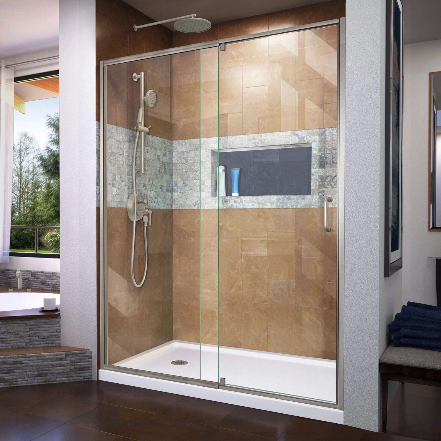 DreamLine Flex 36 Inch D X 60 Inch W X 74-3/4 Inch H Semi-Frameless Pivot Shower Door With Center Drain Shower Base - Image 9