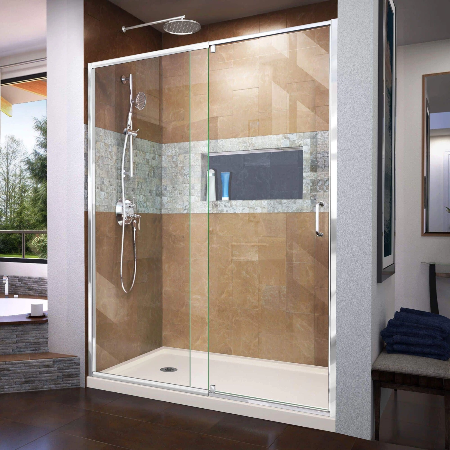 DreamLine Flex 36 Inch D X 60 Inch W X 74-3/4 Inch H Semi-Frameless Pivot Shower Door With Center Drain Shower Base - Image 11