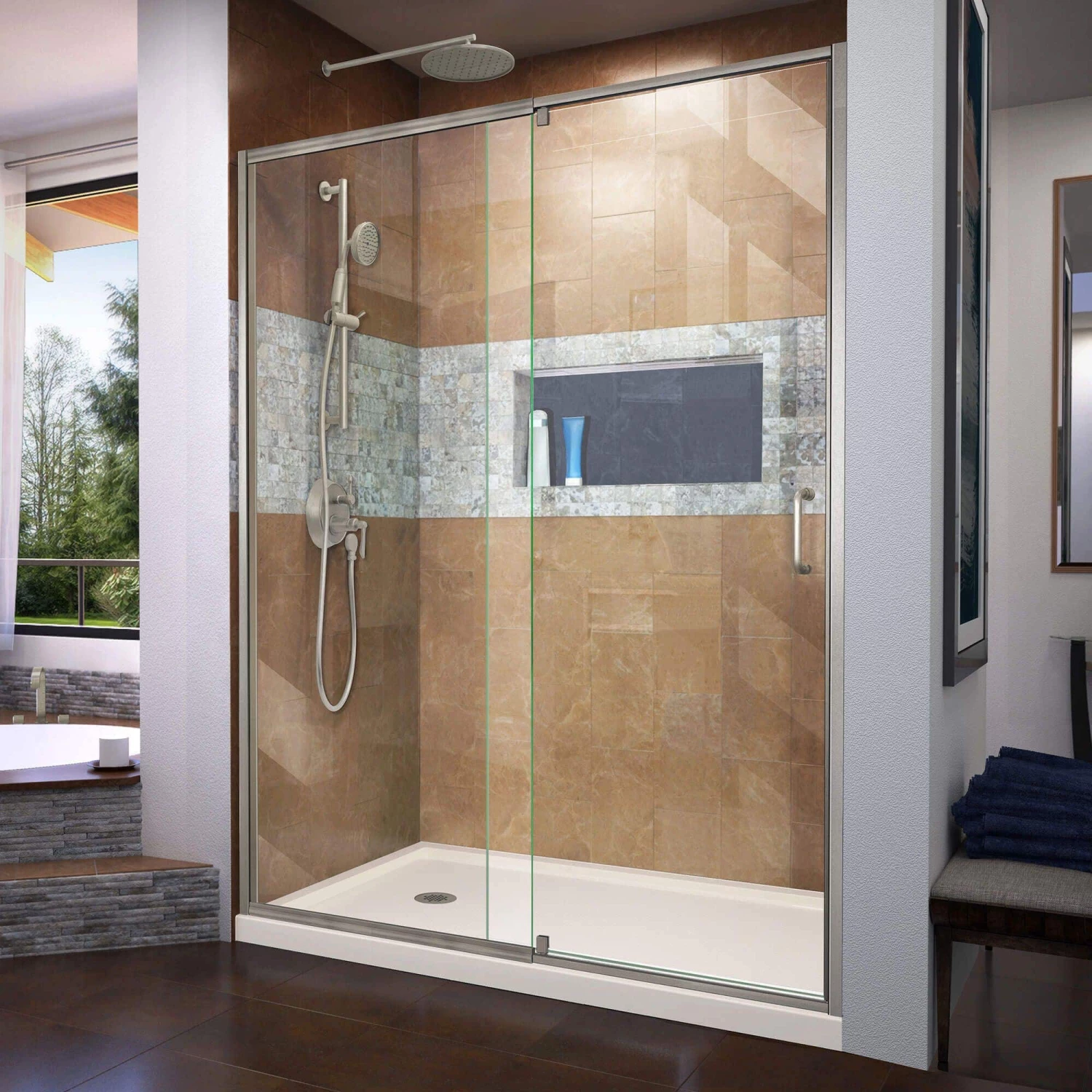 DreamLine Flex 36 Inch D X 60 Inch W X 74-3/4 Inch H Semi-Frameless Pivot Shower Door With Center Drain Shower Base - Image 12
