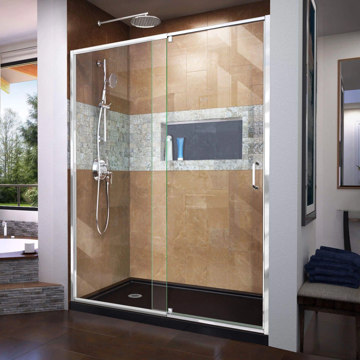 DreamLine Flex 36 Inch D X 60 Inch W X 74-3/4 Inch H Semi-Frameless Pivot Shower Door With Center Drain Shower Base - Image 13
