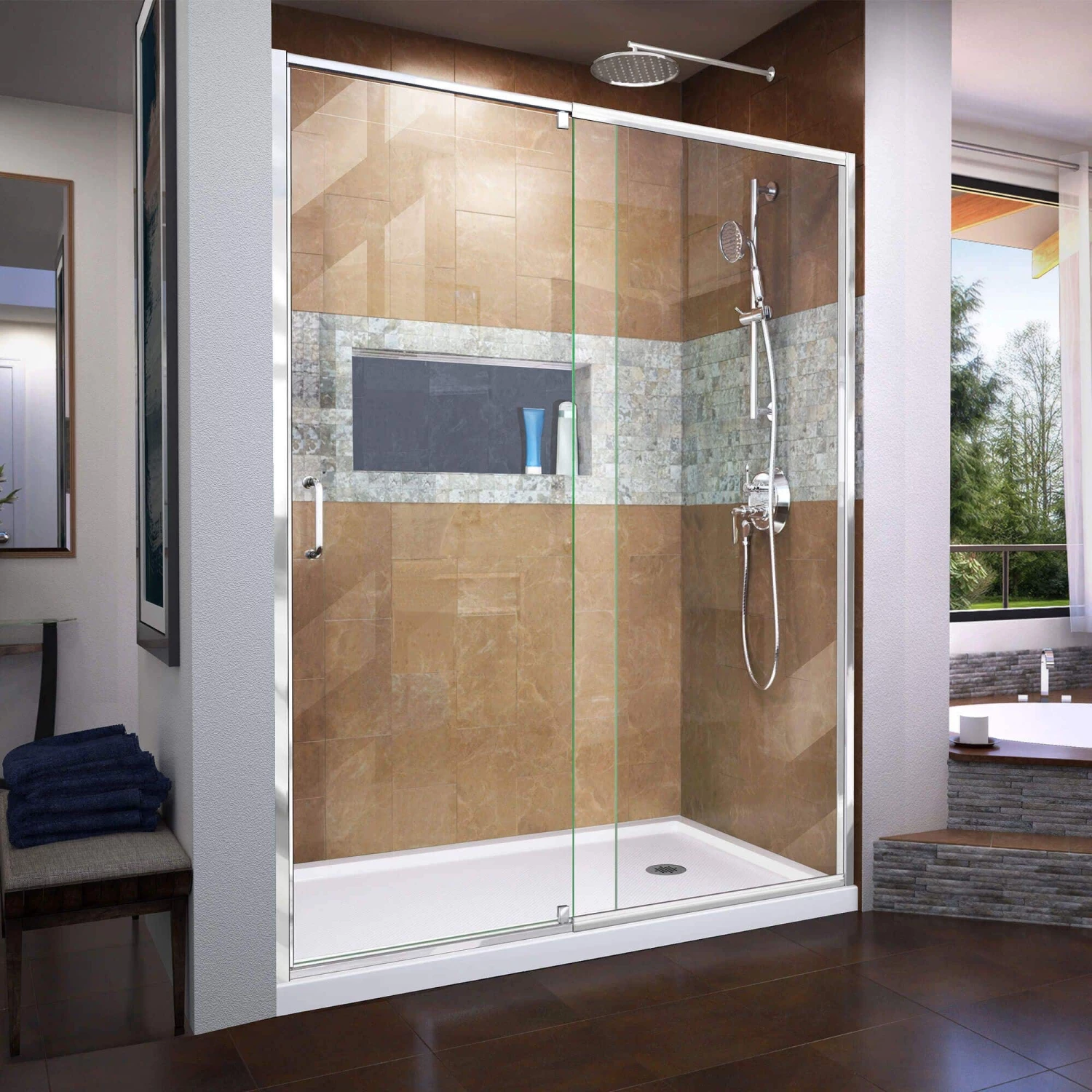 DreamLine Flex 36 Inch D X 60 Inch W X 74-3/4 Inch H Semi-Frameless Pivot Shower Door With Center Drain Shower Base - Image 14