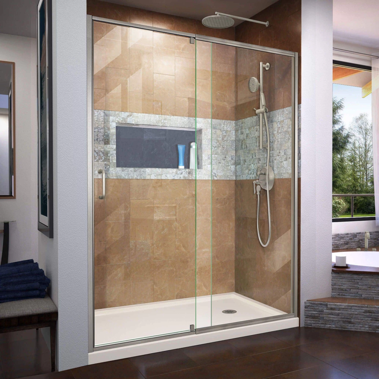 DreamLine Flex 30 Inch D X 60 Inch W X 74-3/4 Inch H Semi-Frameless Pivot Shower Door With Center Drain Shower Base - Image 16
