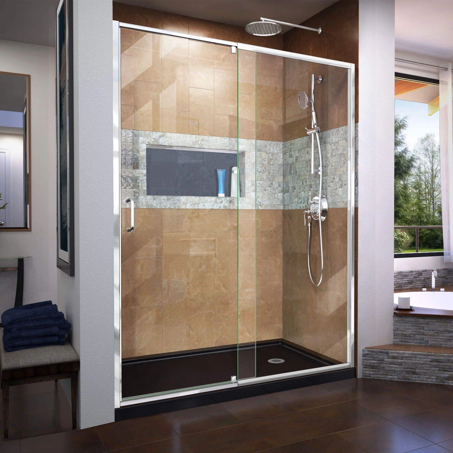 DreamLine Flex 36 Inch D X 60 Inch W X 74-3/4 Inch H Semi-Frameless Pivot Shower Door With Center Drain Shower Base - Image 17