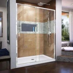 DreamLine Flex 34 Inch D X 60 Inch W X 74-3/4 Inch H Semi-Frameless Pivot Shower Door With Center Drain Shower Base