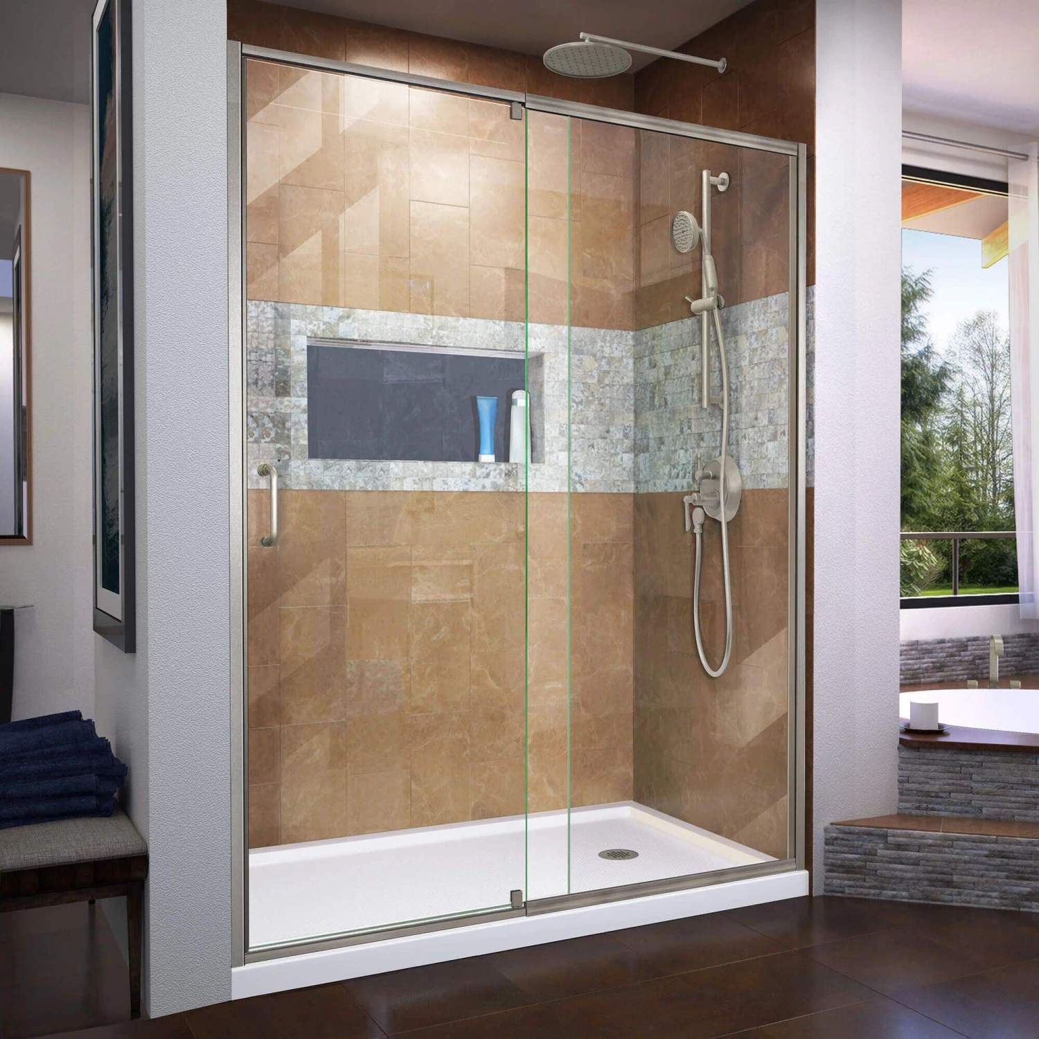 DreamLine Flex 36 Inch D X 60 Inch W X 74-3/4 Inch H Semi-Frameless Pivot Shower Door With Center Drain Shower Base