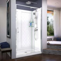 DreamLine Flex 36 Inch D X 48 Inch W X 76-3/4 Inch H Semi-Frameless Shower Door With Center Drain Shower Base And Back Wall