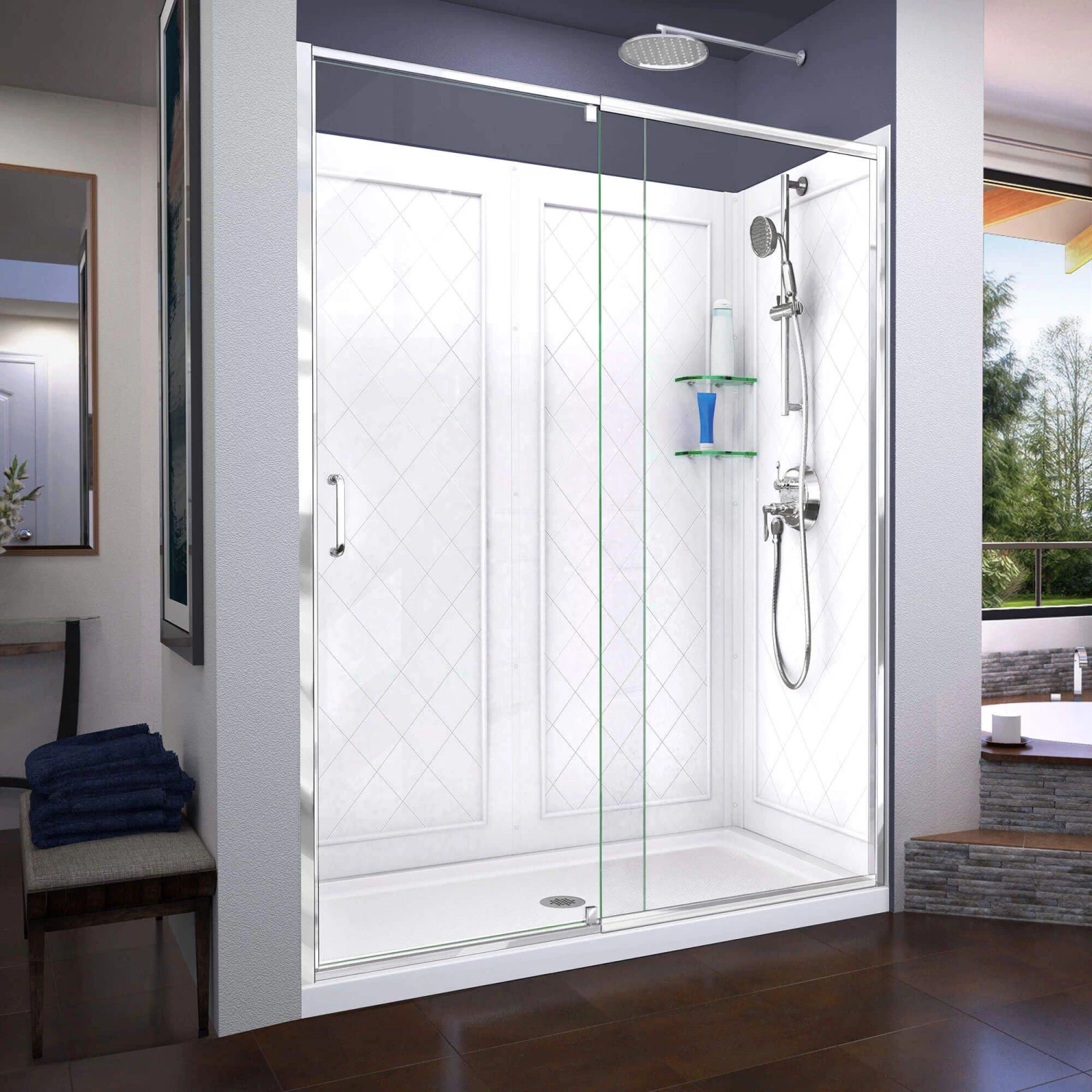 DreamLine Flex 30 Inch D X 60 Inch W X 76-3/4 Inch H Semi-Frameless Shower Door With Center Drain Shower Base And Back Wall - Image 3