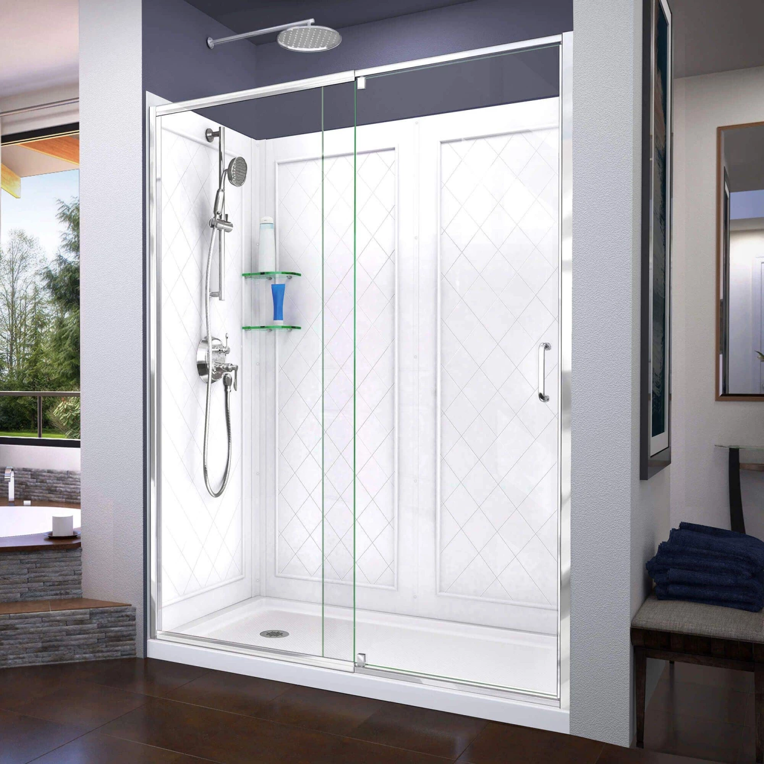 DreamLine Flex 36 Inch D X 60 Inch W X 76-3/4 Inch H Semi-Frameless Shower Door With Center Drain Shower Base And Back Wall - Image 6