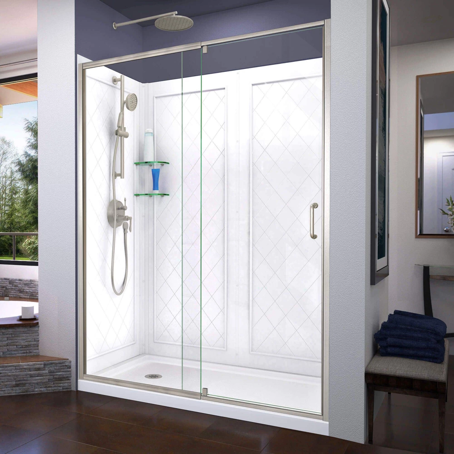 DreamLine Flex 30 Inch D X 60 Inch W X 76-3/4 Inch H Semi-Frameless Shower Door With Center Drain Shower Base And Back Wall - Image 6