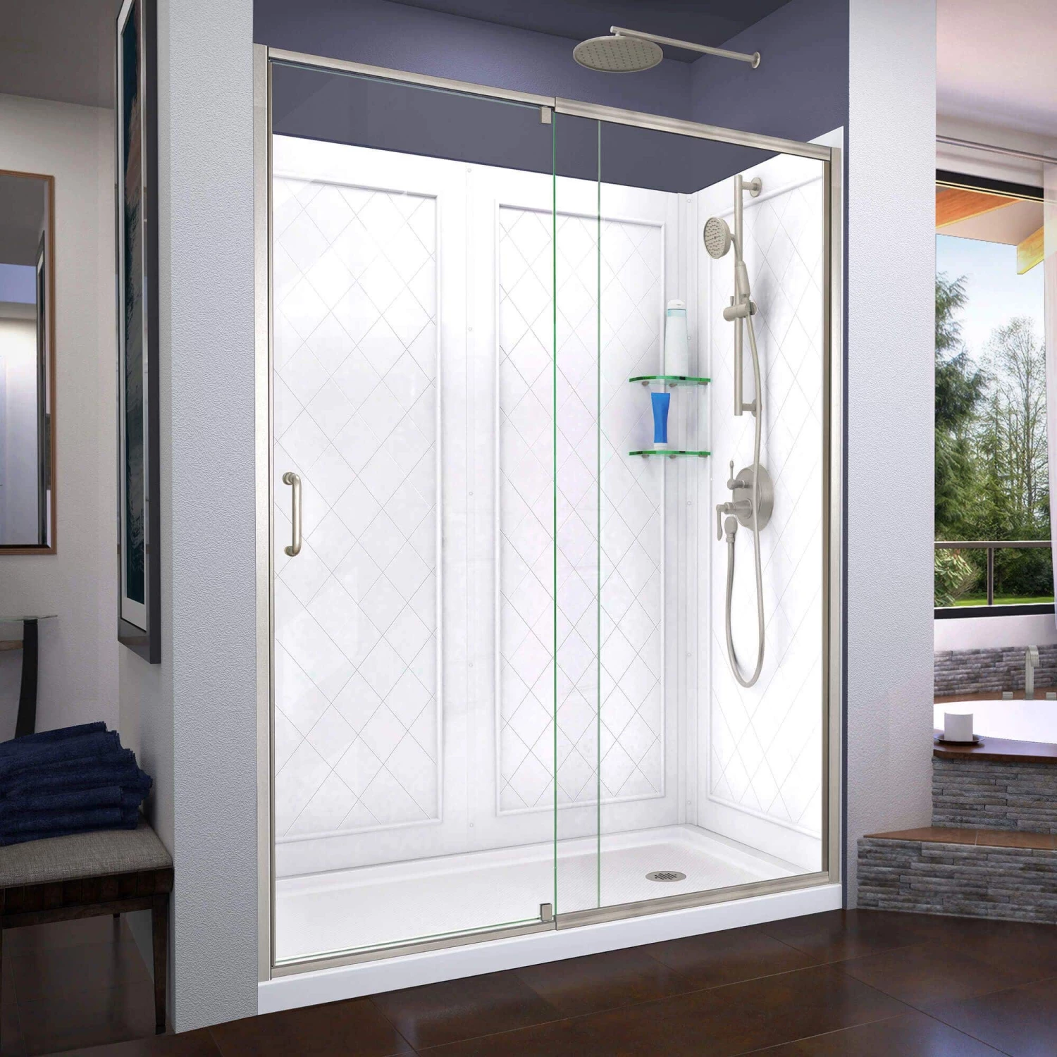 DreamLine Flex 36 Inch D X 60 Inch W X 76-3/4 Inch H Semi-Frameless Shower Door With Center Drain Shower Base And Back Wall - Image 8