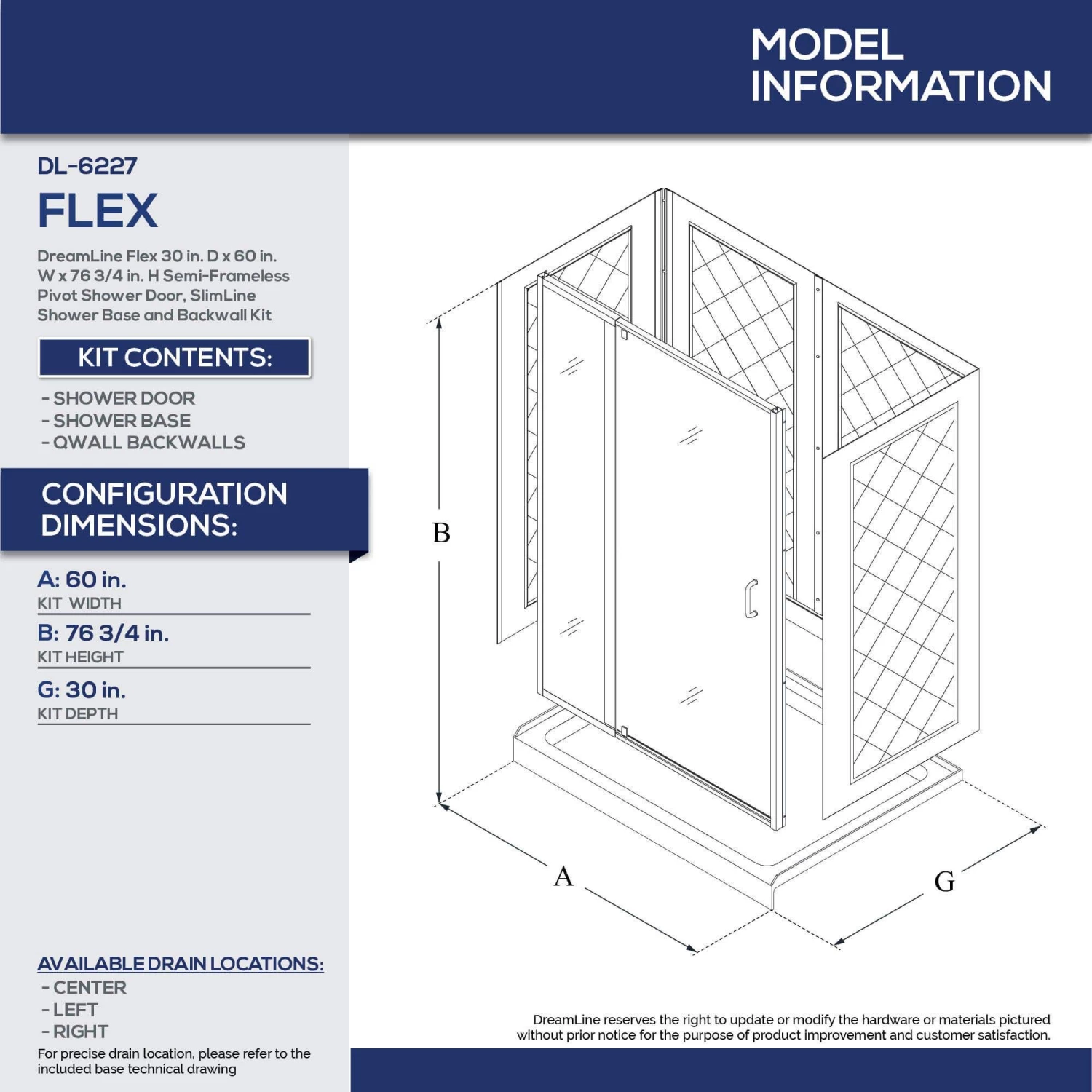 DreamLine Flex 30 Inch D X 60 Inch W X 76-3/4 Inch H Semi-Frameless Shower Door With Center Drain Shower Base And Back Wall - Image 17