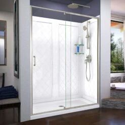 DreamLine Flex 32 Inch D X 60 Inch W X 76-3/4 Inch H Semi-Frameless Shower Door With Center Drain Shower Base And Back Wall