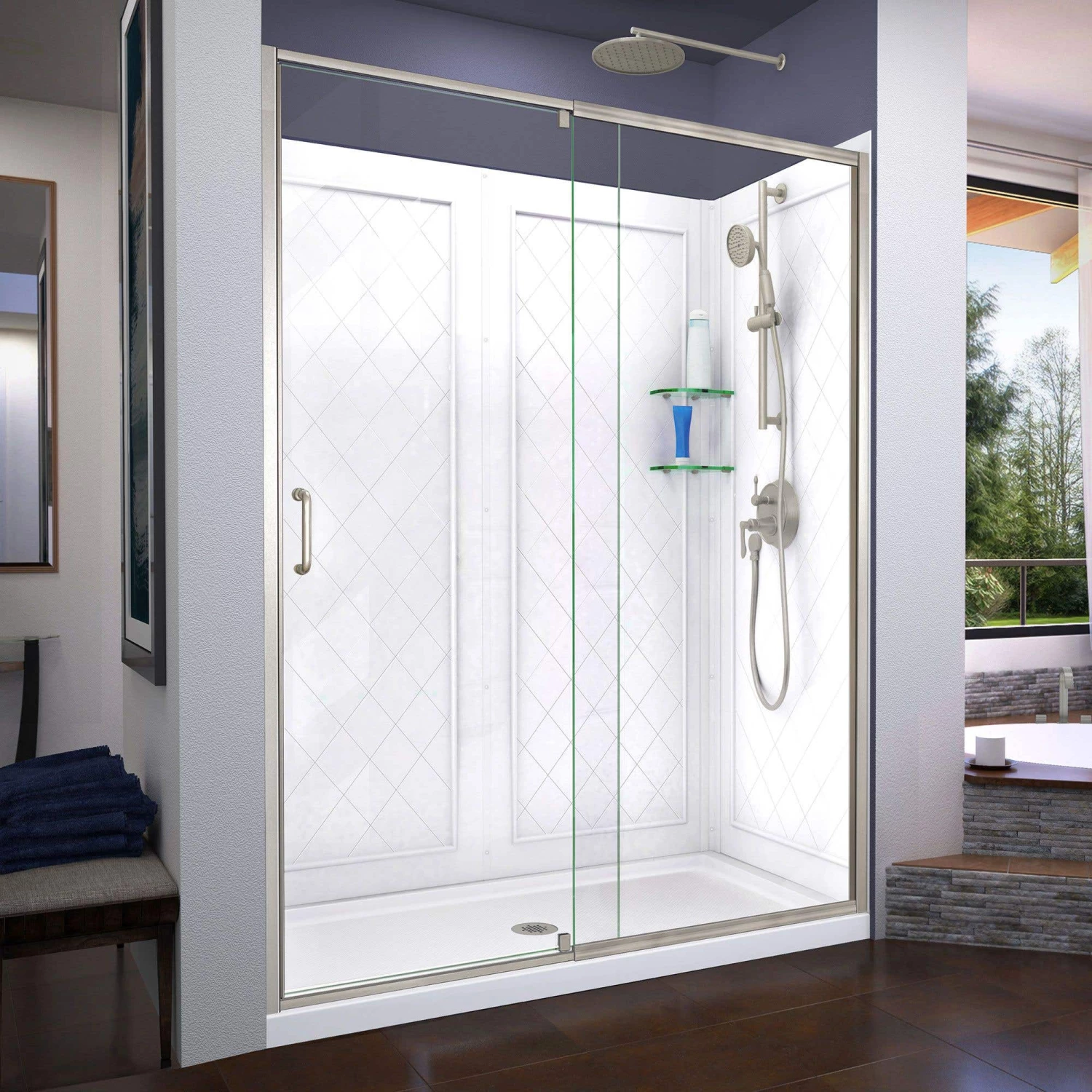 DreamLine Flex 32 Inch D X 60 Inch W X 76-3/4 Inch H Semi-Frameless Shower Door With Center Drain Shower Base And Back Wall