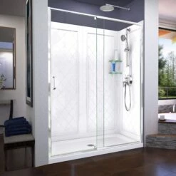 DreamLine Flex 34 Inch D X 60 Inch W X 76-3/4 Inch H Semi-Frameless Shower Door With Center Drain Shower Base And Back Wall
